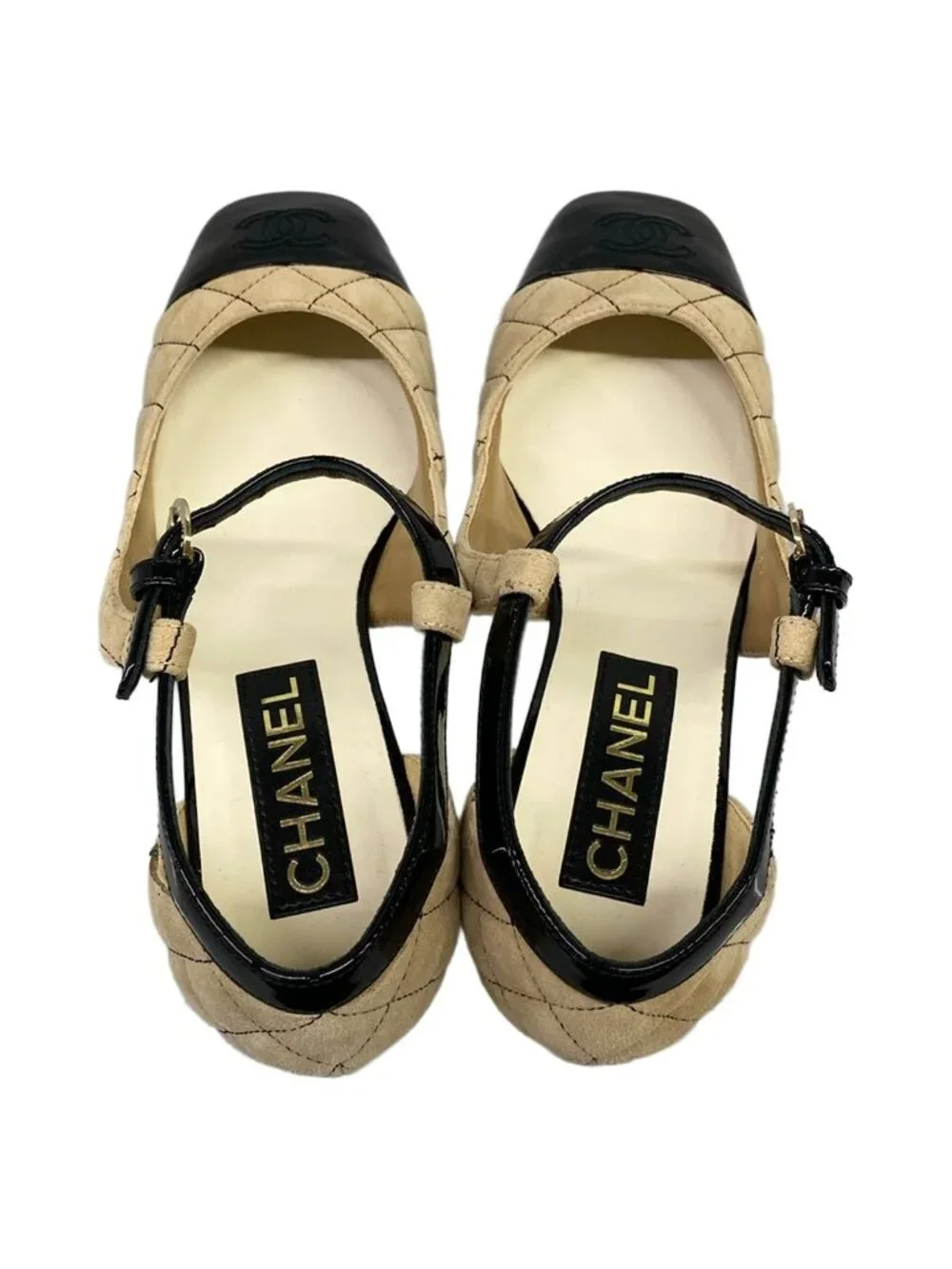 Chanel Pumps Mary Jane Quilted Beige Black Leather Heels